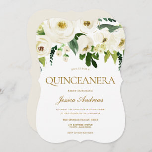 White Flowers & Cream Quinceanera Party Invitation