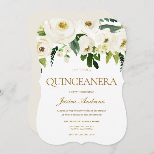 White Flowers  Cream Quinceanera Party Invitation