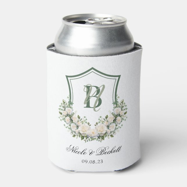 White Flowers Crest Wedding Cooler (Can Front)
