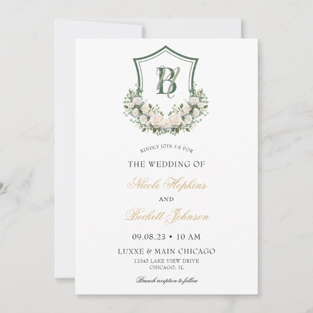 White Flowers Crest Wedding Invitation (Front)