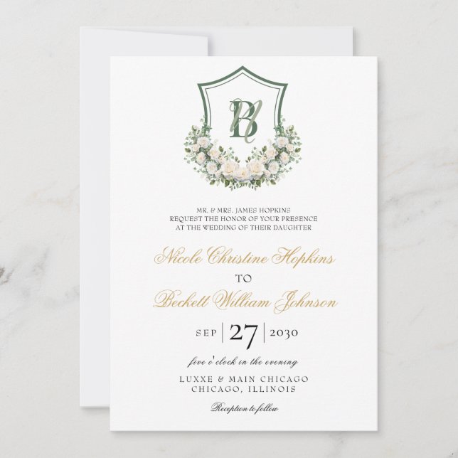 White Flowers Crest Wedding Invitation (Front)