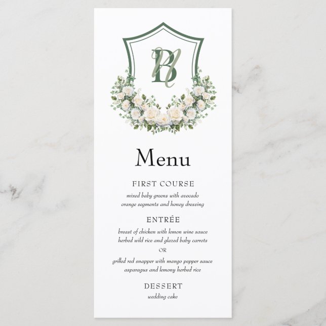 White Flowers Crest Wedding Menu (Front)