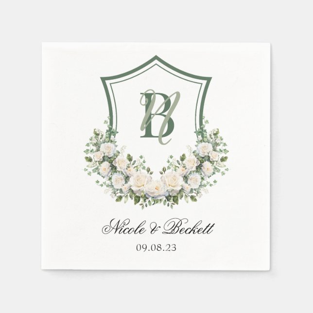 White Flowers Crest Wedding Napkins (Front)