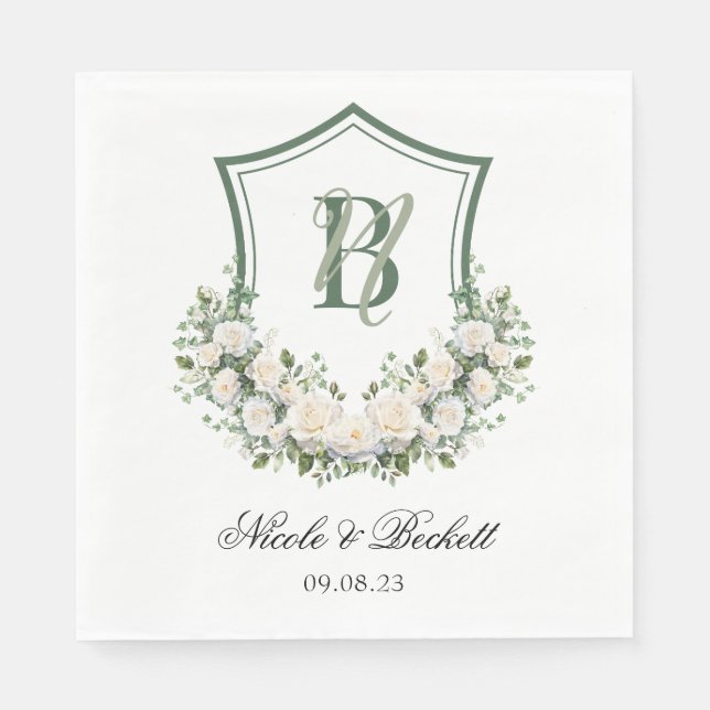 White Flowers Crest Wedding Napkins (Front)