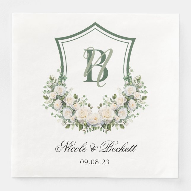 White Flowers Crest Wedding Paper Dinner Napkins (Front)