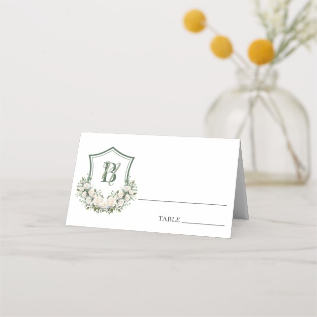 White Flowers Crest Wedding Place Card (Front)