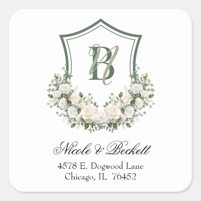 White Flowers Crest Wedding Return Address Square Sticker (Front)