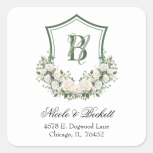 White Flowers Crest Wedding Return Address Square Sticker