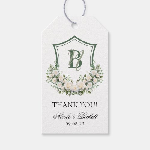 White Flowers Crest Wedding Thank You Gift Tags