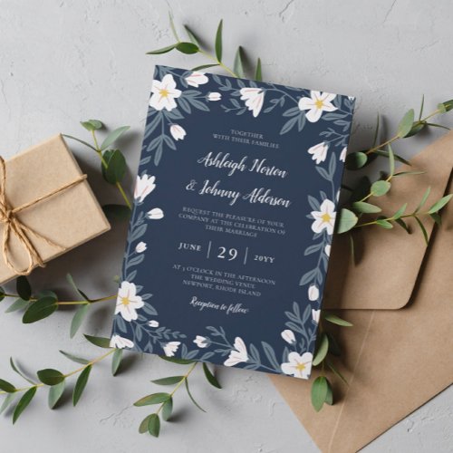 White Flowers Dark Blue Floral Wedding Invitation