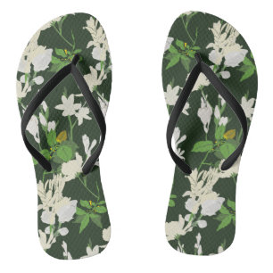 White flowers dark green back flip flops