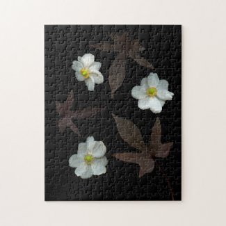 White Flowers Dark Leaves on Solid Black Jigsaw Puzzle