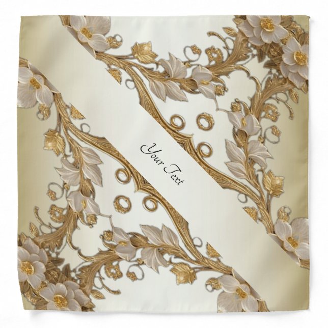 White Flowers Decorative Gold Bandana (Front)