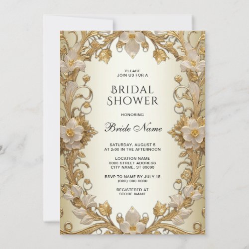 White Flowers Decorative Gold Bridal Shower Invitation