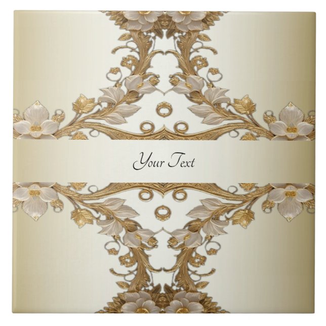 White Flowers Decorative Gold Ceramic Tile (Front)