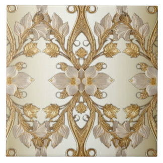 White Flowers Decorative Gold Ceramic Tile