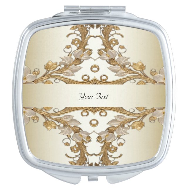 White Flowers Decorative Gold Compact Mirror (Front)