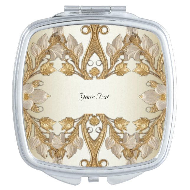 White Flowers Decorative Gold Compact Mirror (Front)