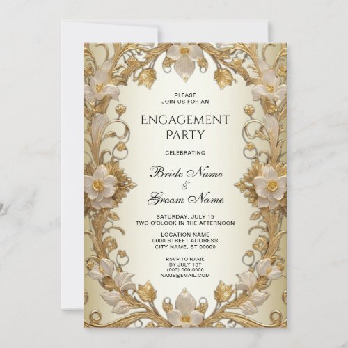 White Flowers Decorative Gold Engagement Invitation