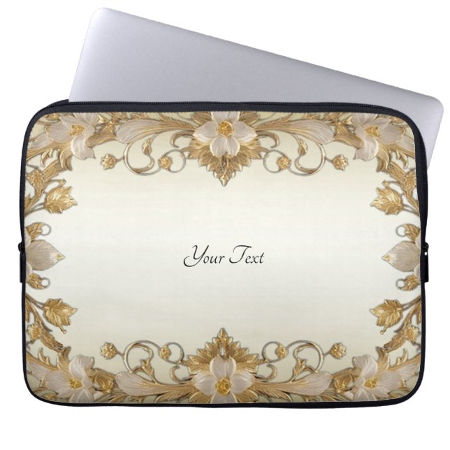 White Flowers Decorative Gold Laptop Sleeve (Front)