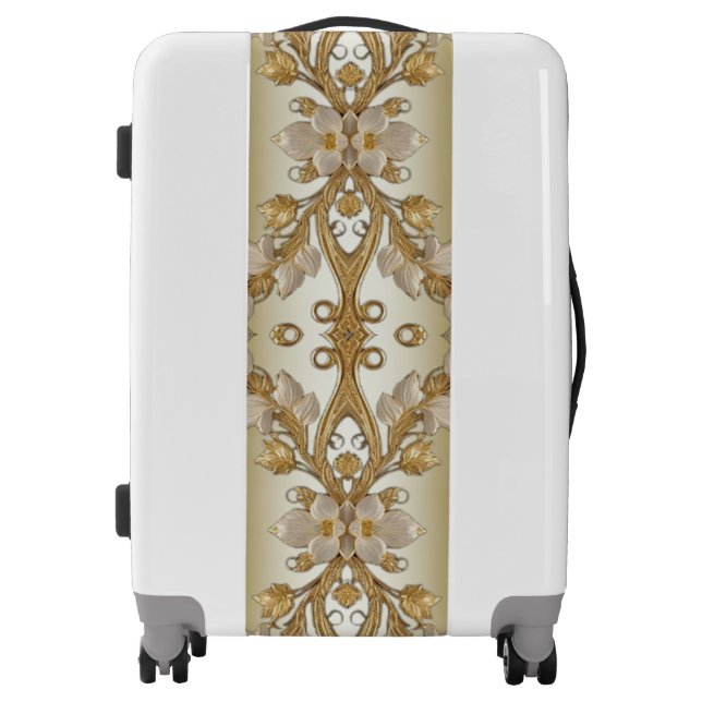 White Flowers Decorative Gold Luggage (Front)