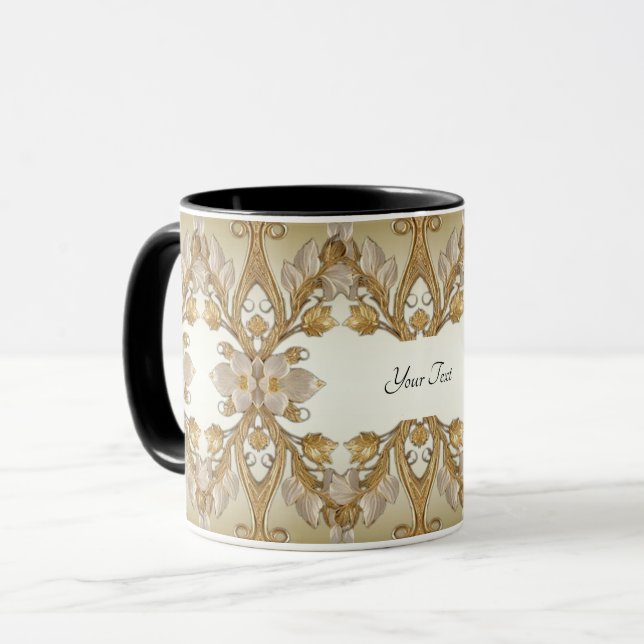 White Flowers Decorative Gold Mug (Front Left)