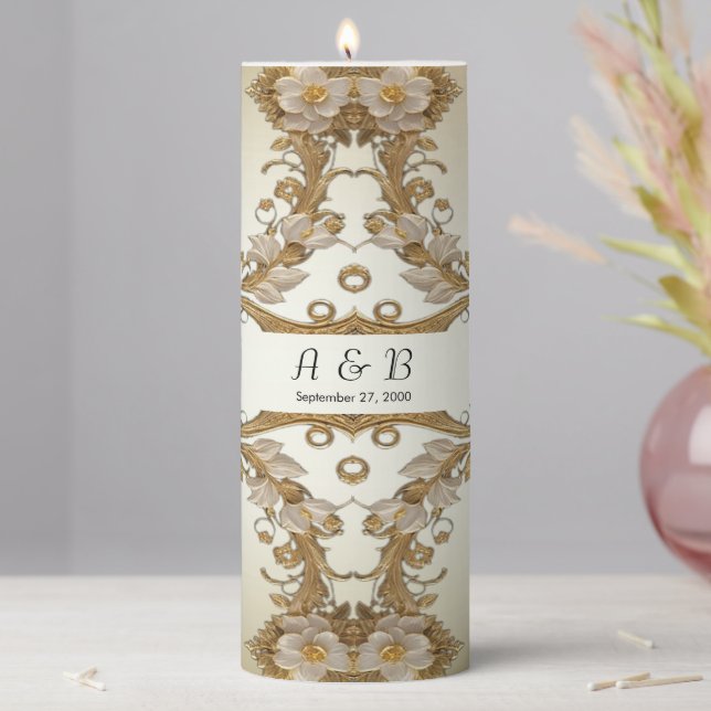 White Flowers Decorative Gold Pillar Candle (In Situ)