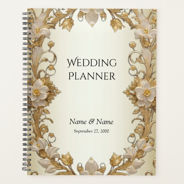 White Flowers Decorative Gold Planner (Front)