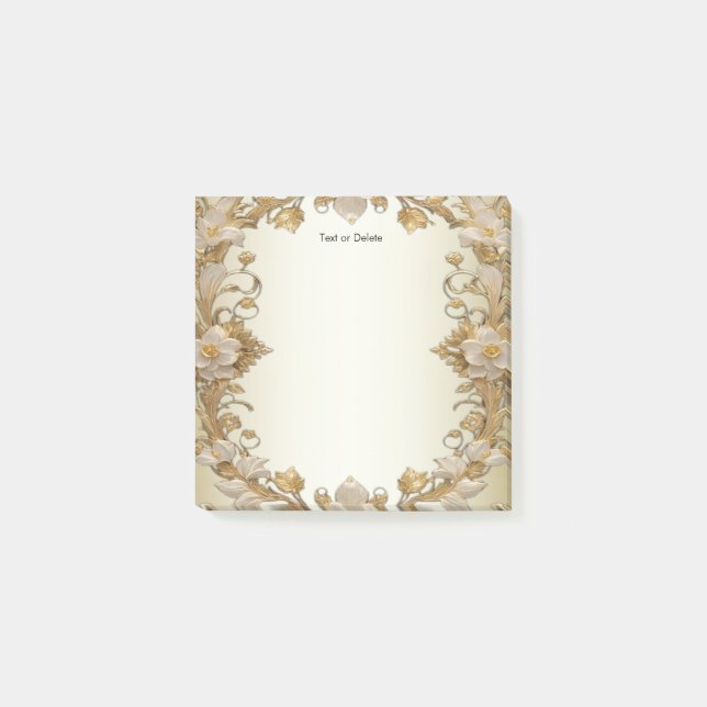 White Flowers Decorative Gold Post it Notes (Front)