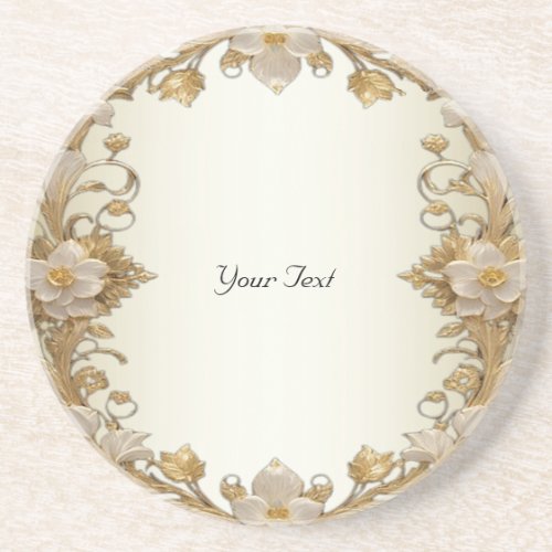 White Flowers Decorative Gold Sandstone Coaster