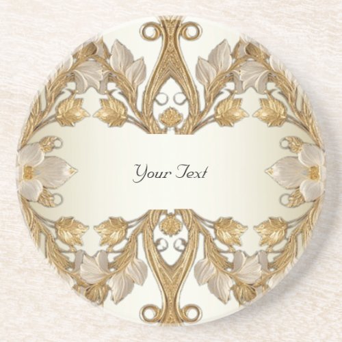 White Flowers Decorative Gold Sandstone Coaster