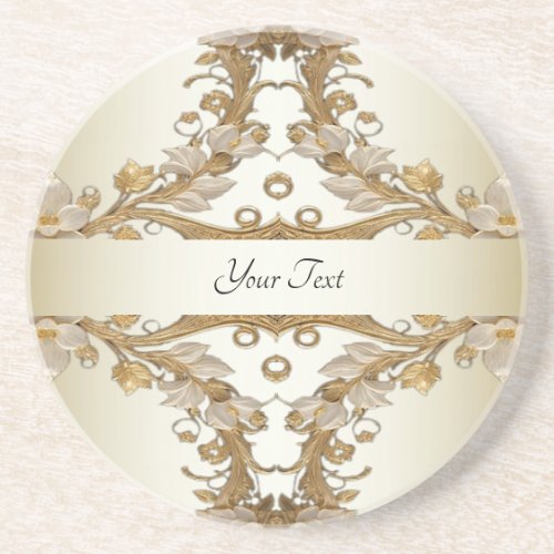 White Flowers Decorative Gold Sandstone Coaster