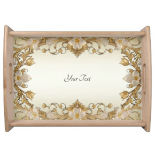 White Flowers Decorative Gold Serving Tray