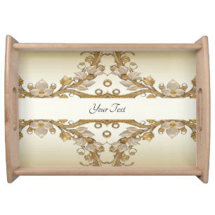 White Flowers Decorative Gold Serving Tray