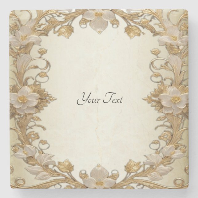 White Flowers Decorative Gold Stone Coaster (Front)