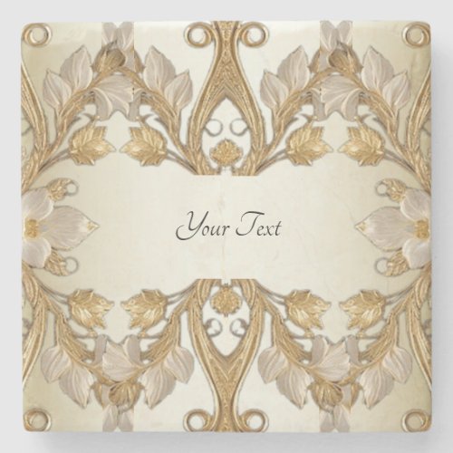 White Flowers Decorative Gold Stone Coaster