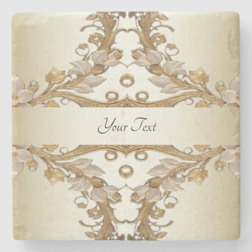 White Flowers Decorative Gold Stone Coaster