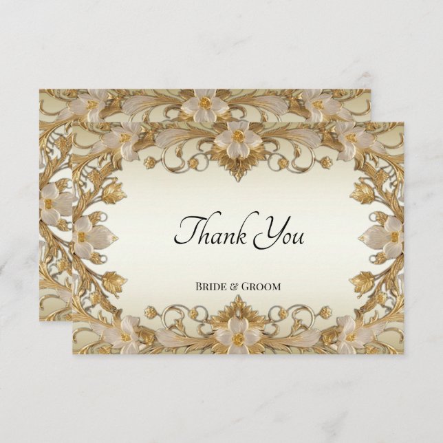 White Flowers Decorative Gold Thank You Card (Front/Back)
