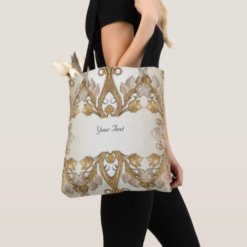 White Flowers Decorative Gold Tote Bag