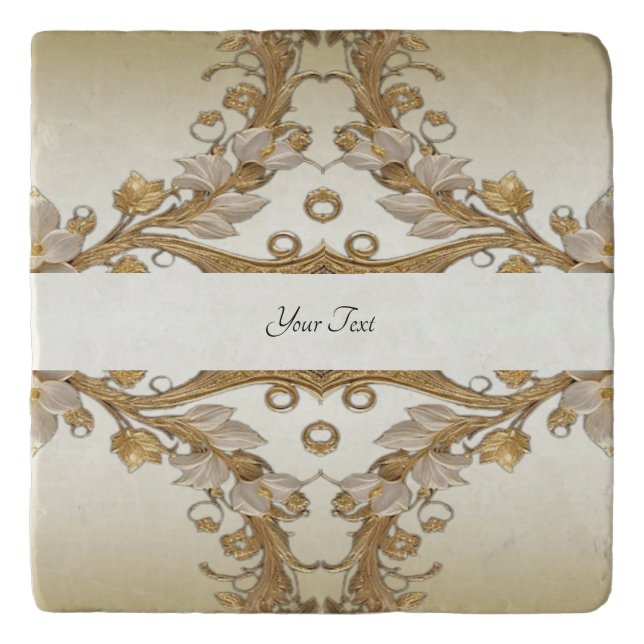White Flowers Decorative Gold Trivet (Front)