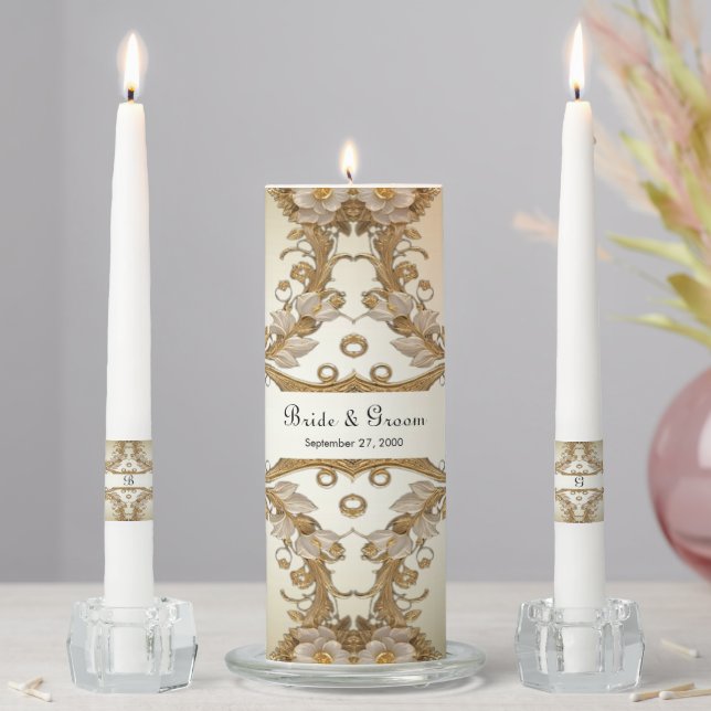 White Flowers Decorative Gold Unity Candle Set (In Situ)