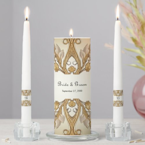 White Flowers Decorative Gold Unity Candle Set