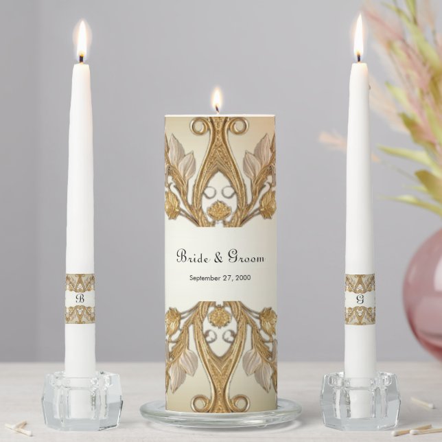 White Flowers Decorative Gold Unity Candle Set (In Situ)