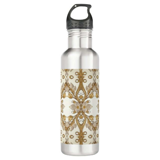 White Flowers Decorative Gold Water Bottle (Front)