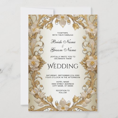 White Flowers Decorative Gold Wedding Invitation