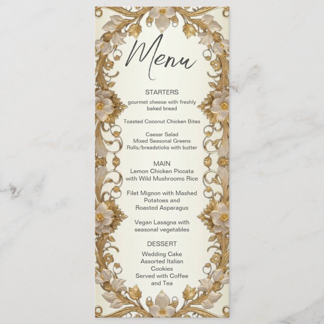 White Flowers Decorative Gold Wedding Menu (Front)
