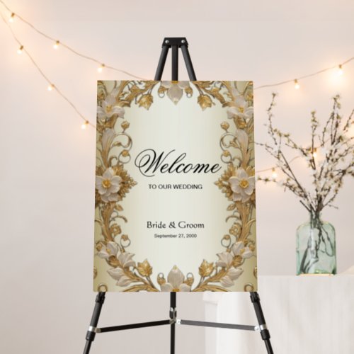 White Flowers Decorative Gold Welcome Foam Board