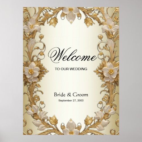 White Flowers Decorative Gold Welcome Poster Sign