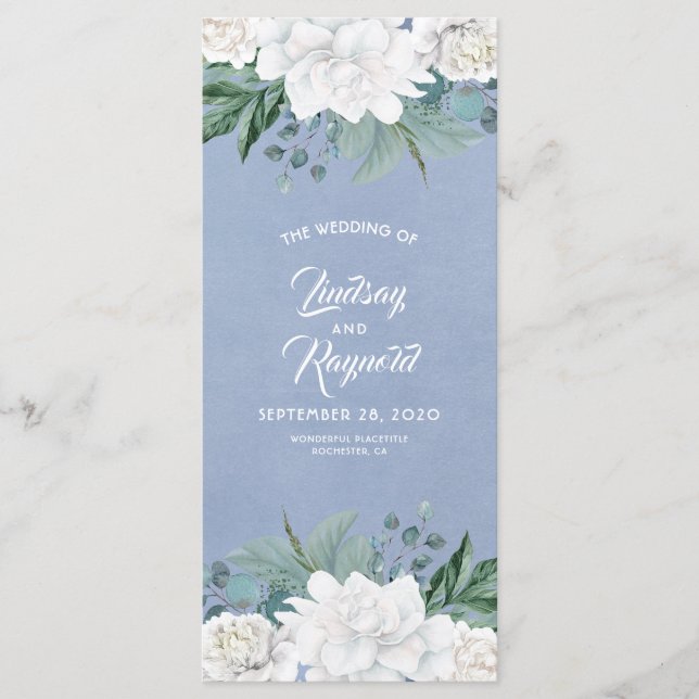 White Flowers Dusty Blue Elegant Wedding Programs (Front)