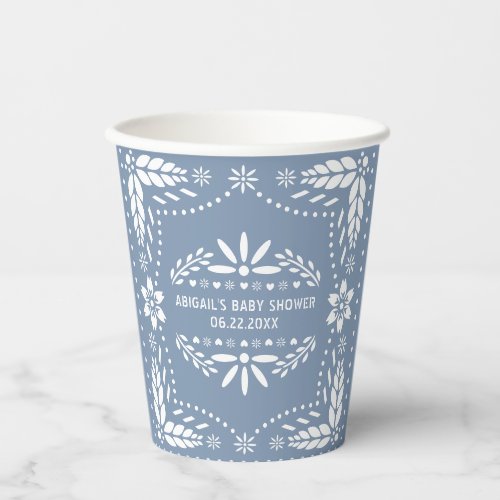 White flowers dusty blue papel picado baby shower paper cups